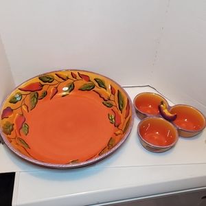 Clay Arts Hand-Painted Chili Fiesta Serving Set 2 Pieces Chips & Salsa Service.